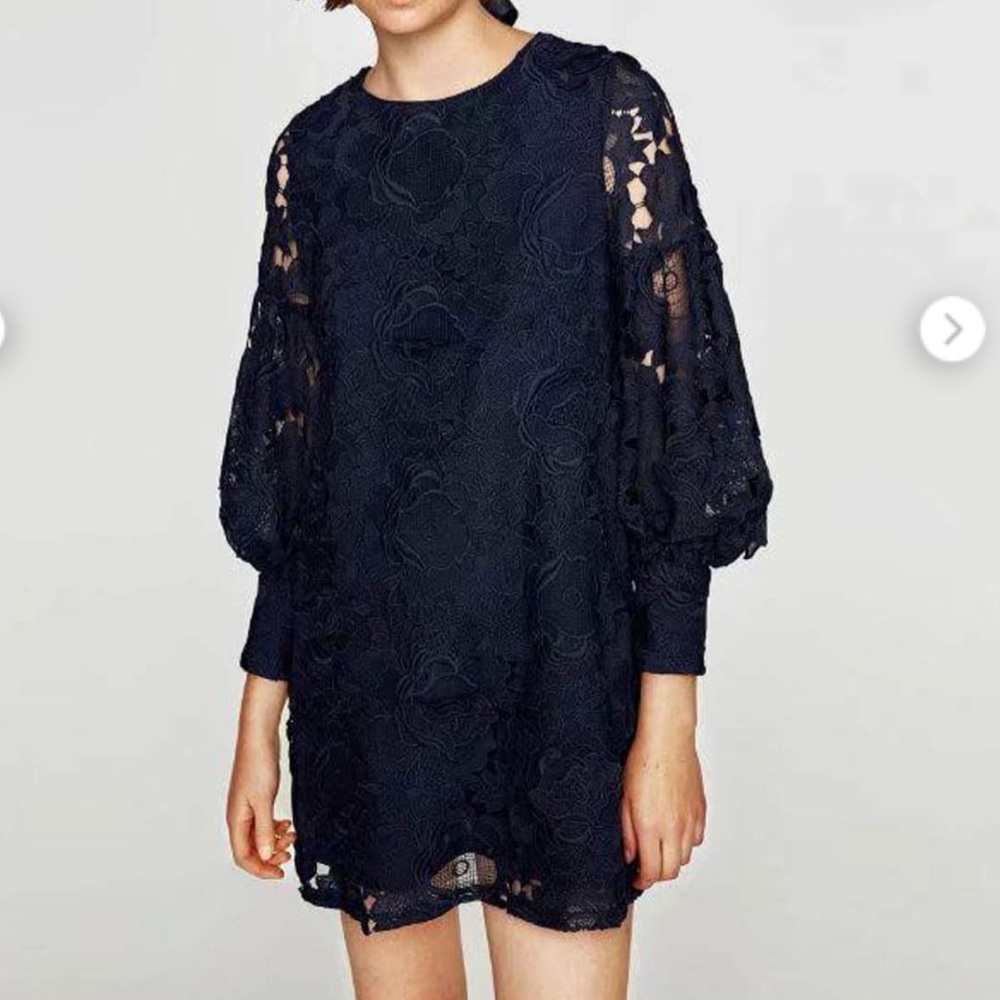 ZARA Guipure Floral Lace Lantern Sleeve Open Back Dress Blue Size Small - Picture 2 of 11